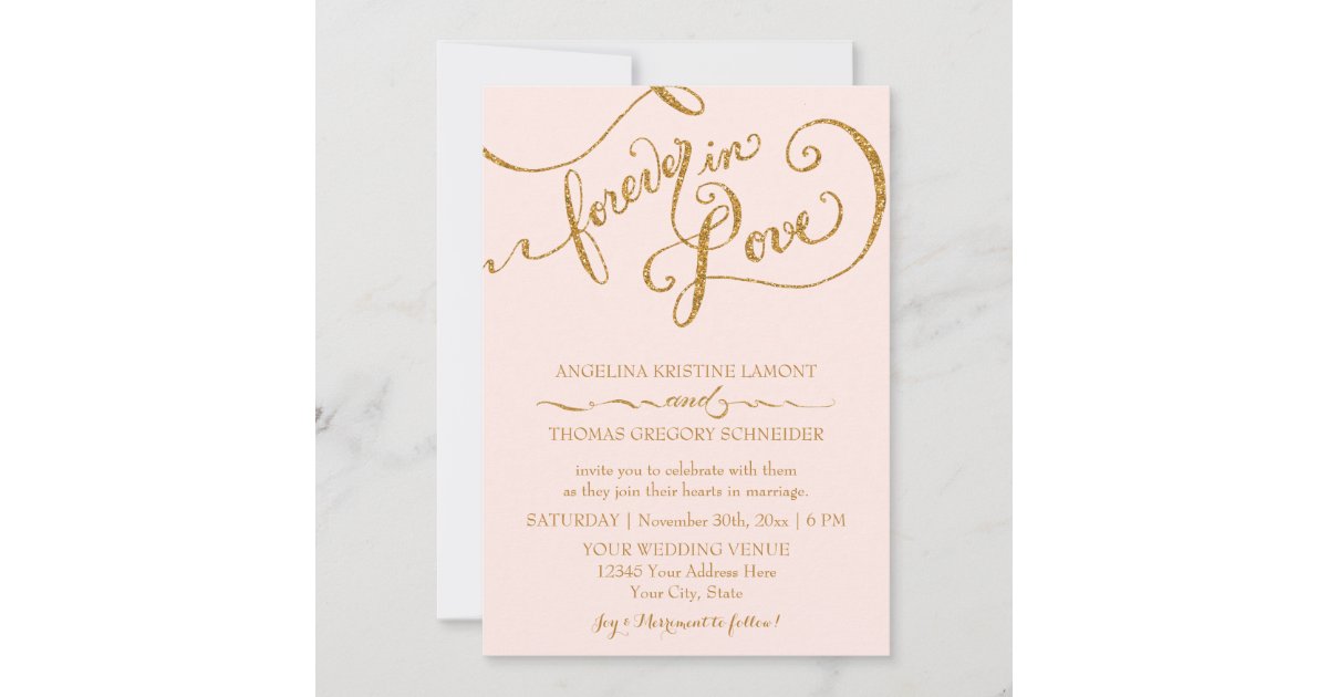 Calligraphy Script Forever in Love Gold Glitter Invitation | Zazzle