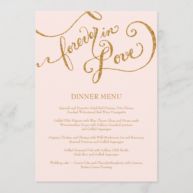 Calligraphy Script Forever in Love Gold Glitter Menu (Front)