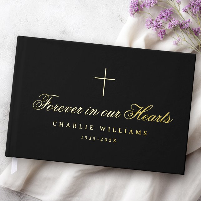 Calligraphy script forever in our hearts funeral foil guest book  (Calligraphy script forever in our hearts funeral foil guest book)