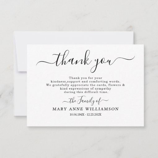 Calligraphy Script Funeral Thank You Card | Zazzle