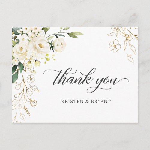 Calligraphy Script Garden Floral Wedding Thank You Postcard - Calligraphy Script White Roses Garden Floral Wedding Thank You Postcard. 
(2) For further customization, please click the "customize further" link and use our design tool to modify this template. 
(3) If you need help or matching items, please contact me.