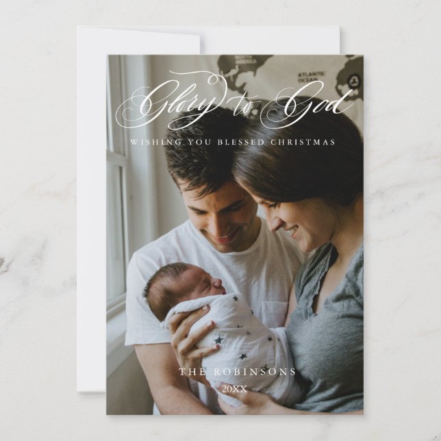 Calligraphy Script Glory to God Christmas Photo Ho Holiday Card (Front)