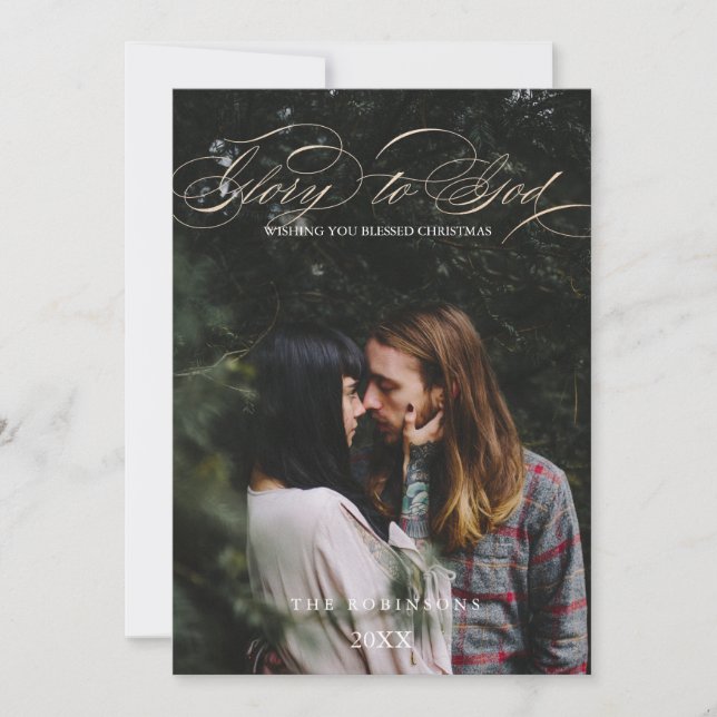 Calligraphy Script Glory to God Christmas Photo  Holiday Card (Front)