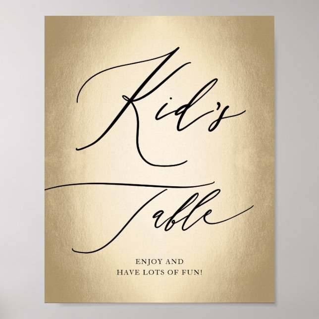 Calligraphy Script Gold Kid's Table Wedding Sign (Front)