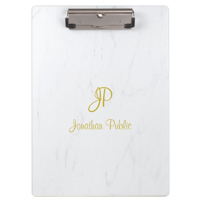 Calligraphy Script Gold Monogram Elegant Marble Clipboard (Front)
