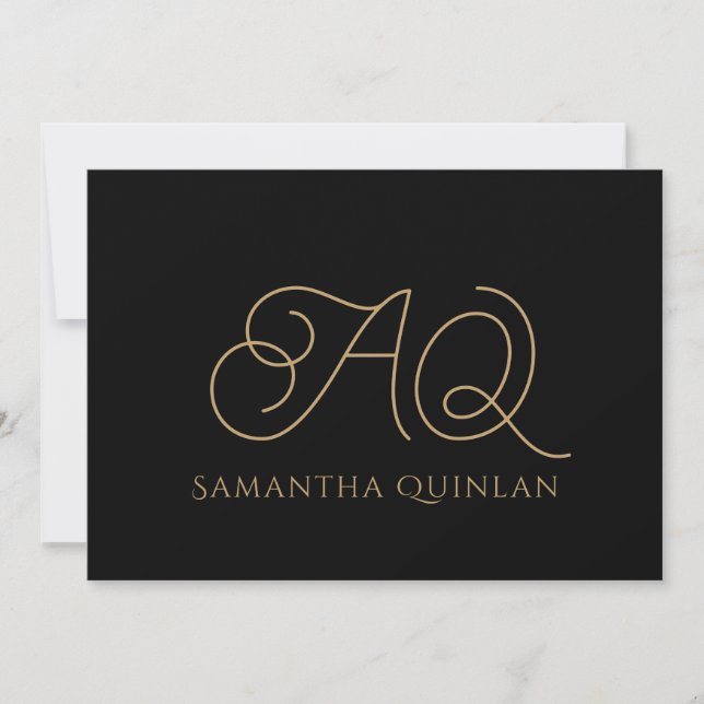 Calligraphy Script Gold Monogram Initials Black  Note Card (Front)