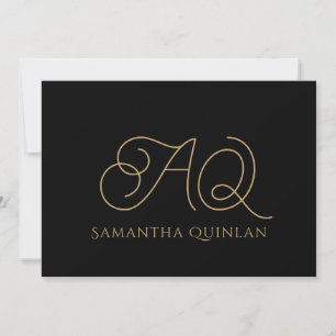 Calligraphy Script Gold Monogram Initials Black  Note Card