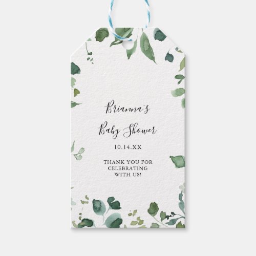 Calligraphy Script Green Foliage Baby Shower Gift Tags