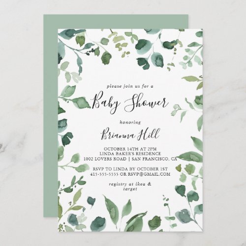 Calligraphy Script Green Foliage Baby Shower  Invitation