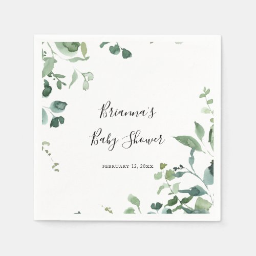 Calligraphy Script Green Foliage Baby Shower Napkins