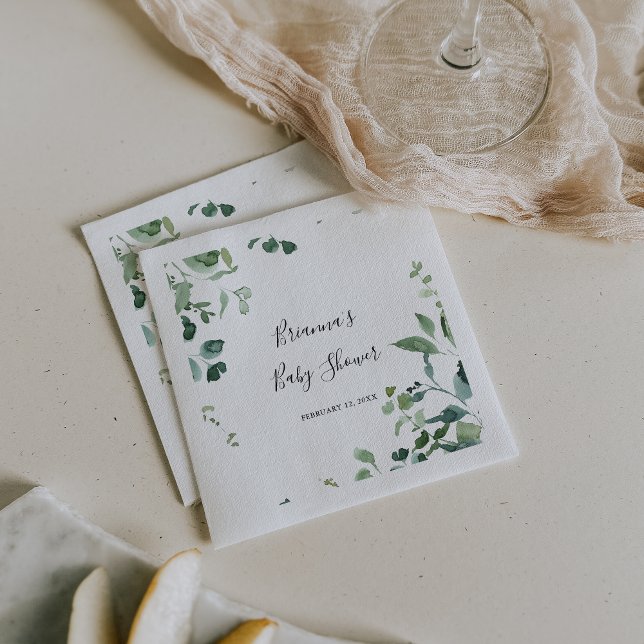 Calligraphy Script Green Foliage Baby Shower Napkins (Creator Uploaded)