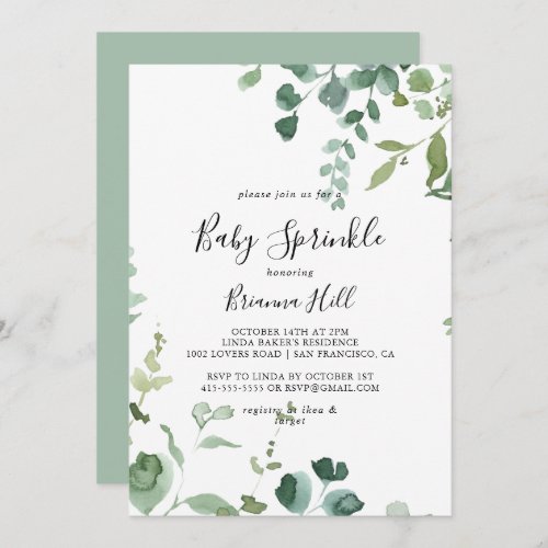 Calligraphy Script Green Foliage Baby Sprinkle  Invitation