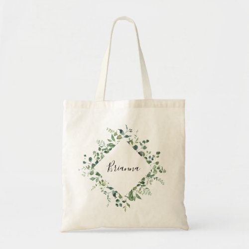 Calligraphy Script Green Foliage Bridesmaid  Tote Bag