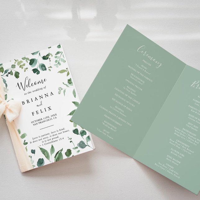 Calligraphy Script Green Foliage Folded Wedding Program (Creator Uploaded)