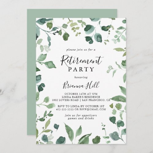 Calligraphy Script Green Foliage Retirement Party  Invitation