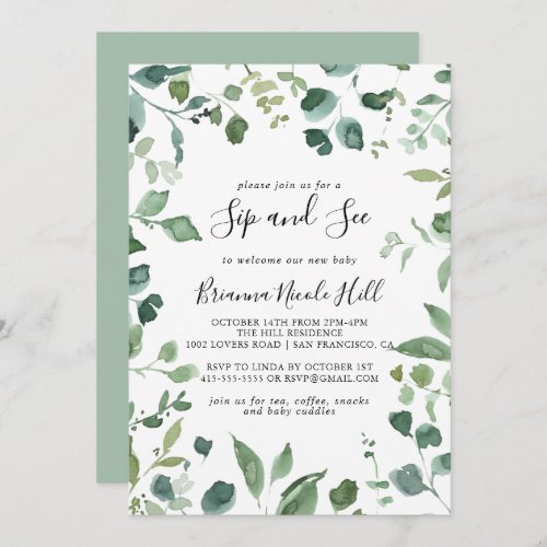 Calligraphy Script Green Foliage Sip and See  Invitation