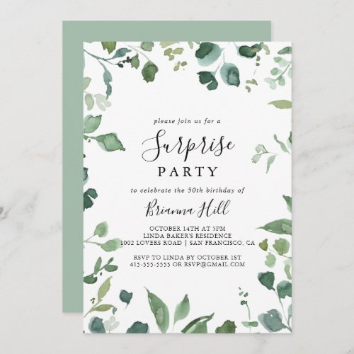Calligraphy Script Green Foliage Surprise Party  Invitation