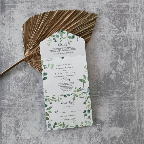 Calligraphy Script Green Foliage Wedding   All In One Invitation