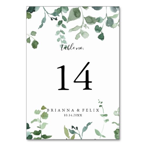 Calligraphy Script Green Foliage Wedding  Table Number