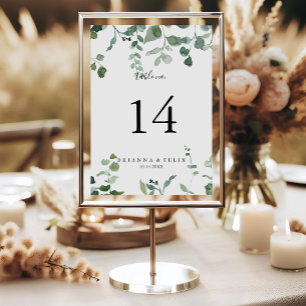 Calligraphy Script Green Foliage Wedding Table Number