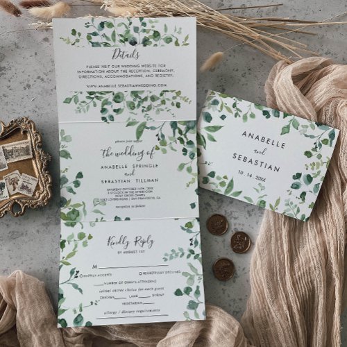 Calligraphy Script Green Foliage Wedding Tri_Fold Invitation