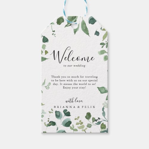Calligraphy Script Green Foliage Wedding Welcome  Gift Tags