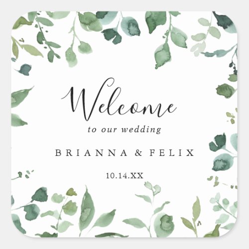 Calligraphy Script Green Foliage Wedding Welcome  Square Sticker