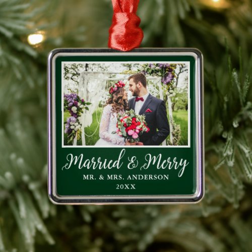 Calligraphy Script Green Married and Merry Metal Ornament