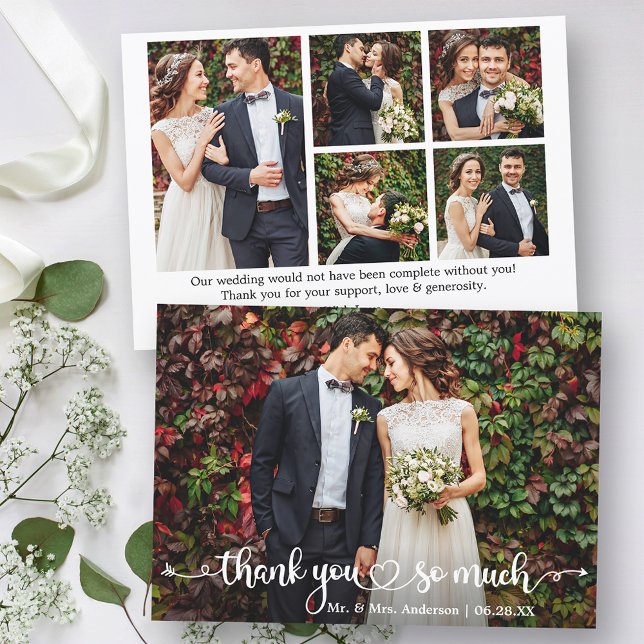 Calligraphy Script Heart 6 Photo Wedding  Thank You Card (Customize to change your personalized text size or text style.)