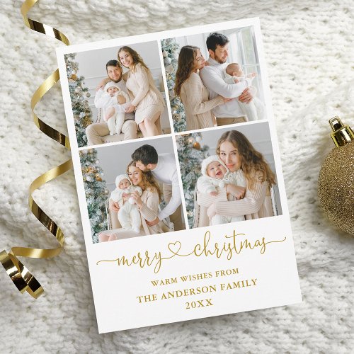 Calligraphy Script Heart Christmas 4 Photo Gold Holiday Card