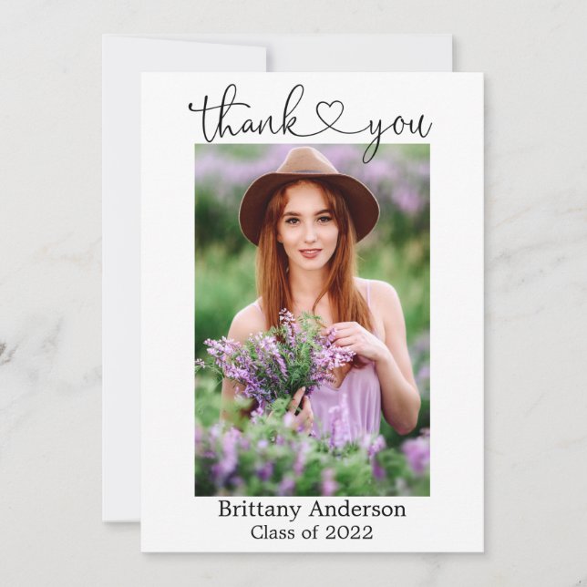 Calligraphy Script Heart Graduate Photo Thank You Card (Front)
