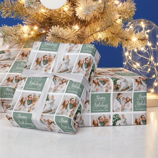 Calligraphy Script Holiday 3 Photo Sage Green Wrapping Paper (Holidays)