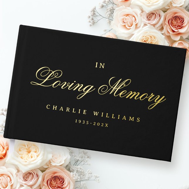 Calligraphy script in loving memory funeral black foil guest book  (Calligraphy script in loving memory funeral black foil guest book)