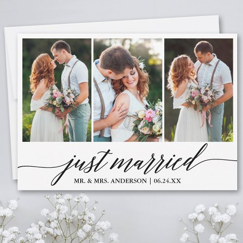 Calligraphy Script Just Married Wedding Photo Card