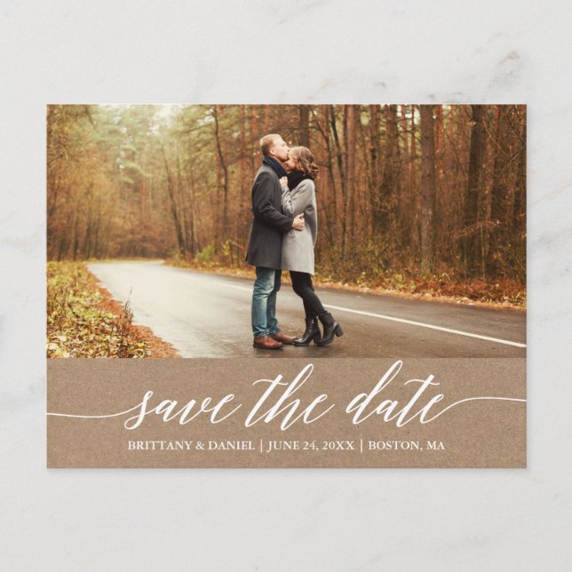 Calligraphy Script Kraft Save The Date Photo Postcard (Front)