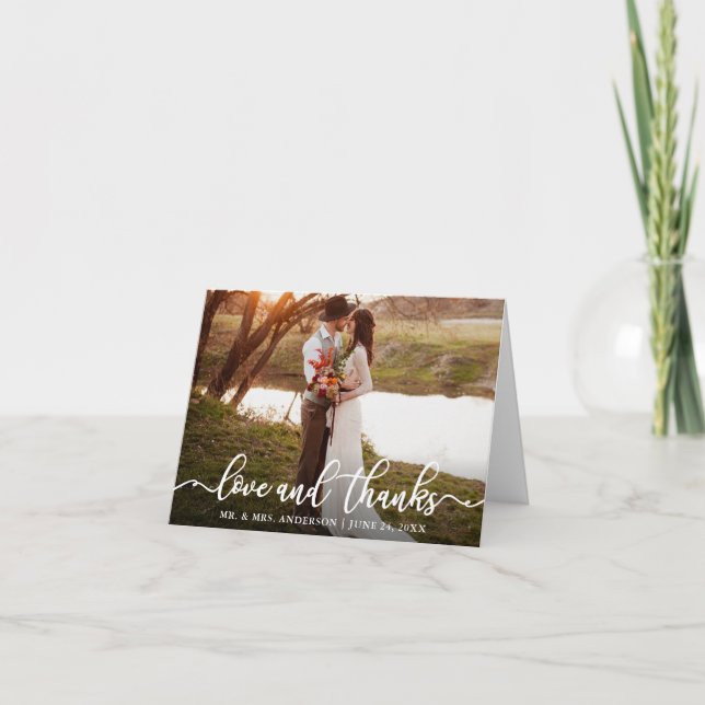 Calligraphy Script Love Thanks Wedding Photo Note Letterpress Thank You Card (Front)