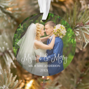 Calligraphy Script Married and Merry Wedding Photo Ornament