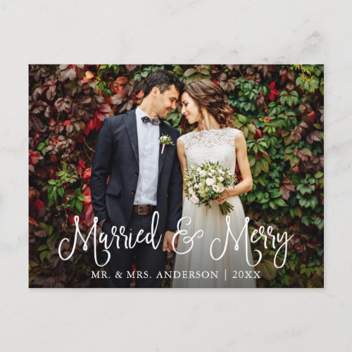 Calligraphy Script Married and Merry Wedding Photo Postcard