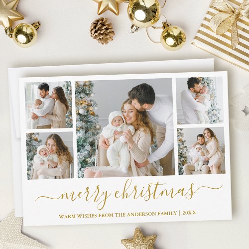Calligraphy Script Merry Christmas 5 Photo Gold Holiday Card