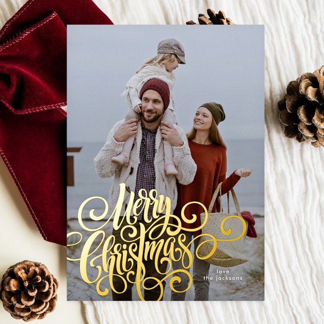 Calligraphy Script Merry Christmas Gold Photo Foil Holiday Card (Creator Uploaded)