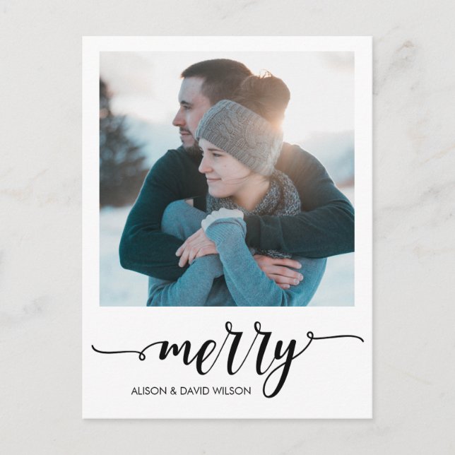 Calligraphy Script Merry Personalized Photo Holiday Postcard (Front)