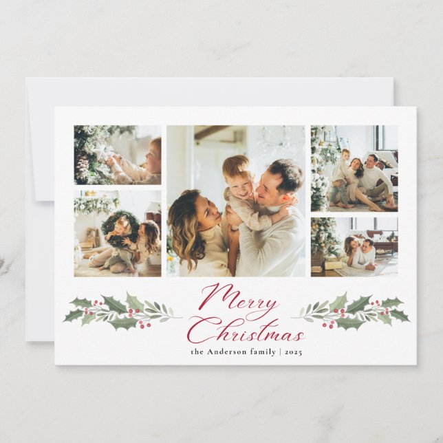 Calligraphy Script Merry Photo Collage Christmas Holiday Card (Front)