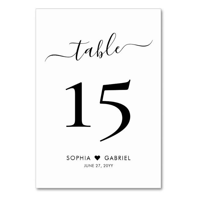 Calligraphy Script Minimalist Wedding Double Sided Table Number (Front)