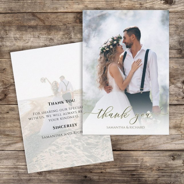 Calligraphy Script Modern Simple Two Photo Elegant Thank You Card (Simple wedding thank you card with a two-photo template. )