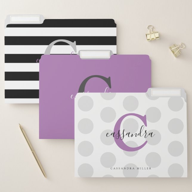 Calligraphy Script Monogram Black Purple And Grey File Folder (Set)