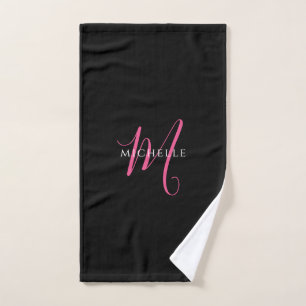 Calligraphy Script Monogram Name Black and Pink Hand Towel