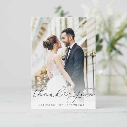 calligraphy script newlyweds wedding photo thank you card | Zazzle