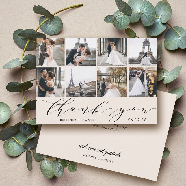 Calligraphy Script Photo Collage Off White Thank You Card (Creator Uploaded)