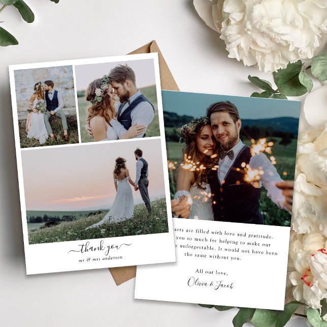 Calligraphy Script Photo Collage Wedding Thank You Card (Creator Uploaded)