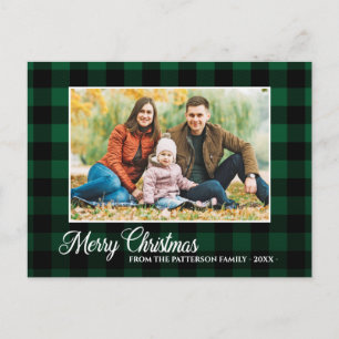 Calligraphy Script Photo Green Plaid Christmas Postcard